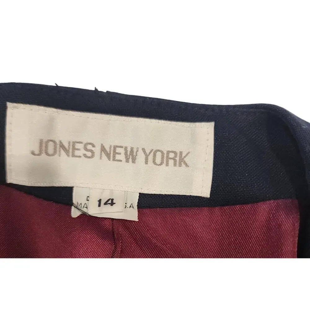 Vintage Jones New York Skirt Suit Womens 14 Navy Blue Lined 2 Piece USA Workwear